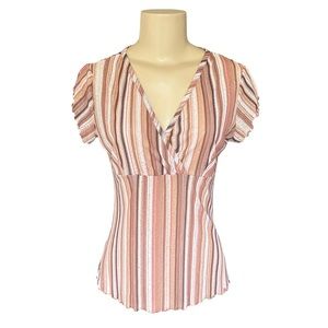 Vintage Brown and White Striped Younique Short Sleeve Blouse - Size Medium